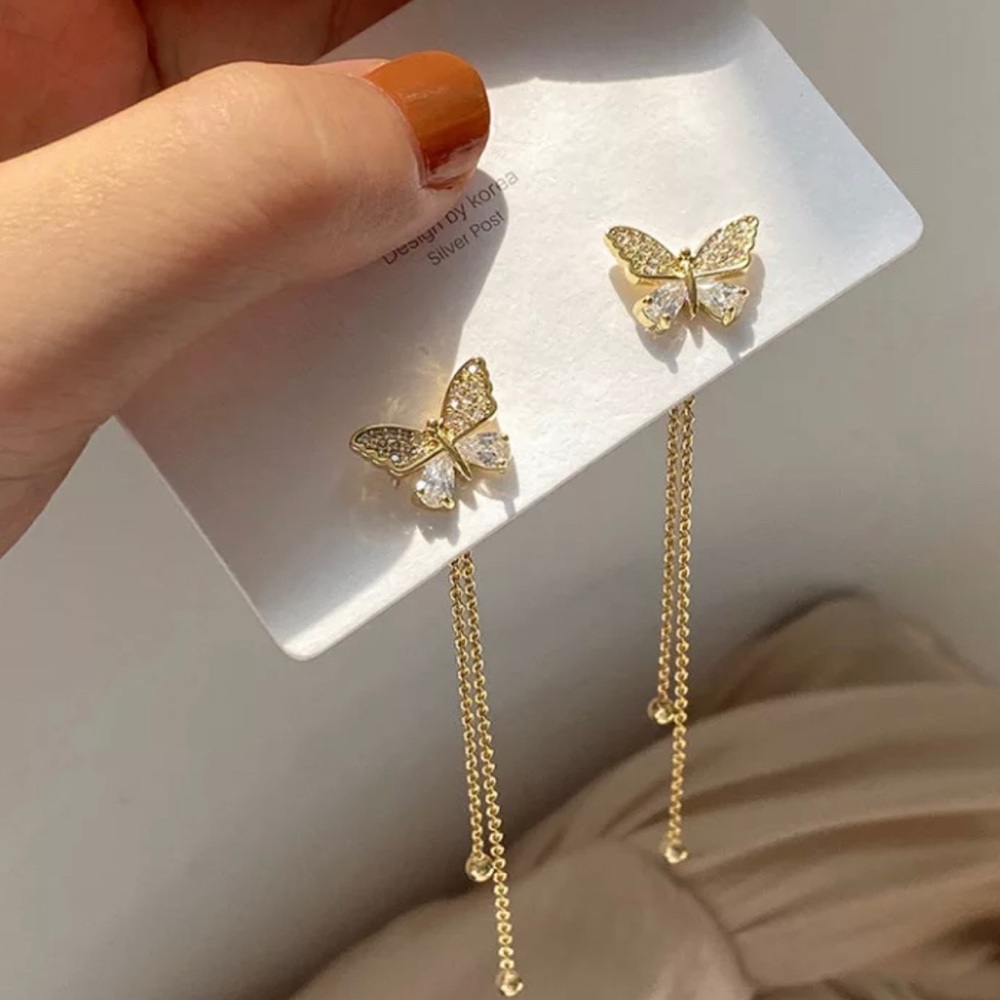Gold Butterfly Tassel Drop Earrings
